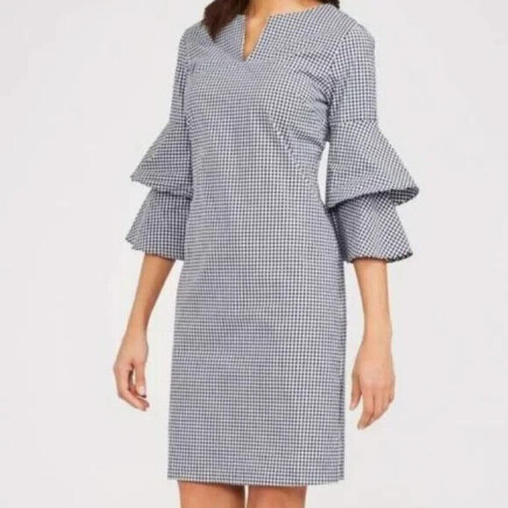 J. McLaughlin Letty Gingham Dress Size Large Navy Blue Bell Sleeve Spring Preppy